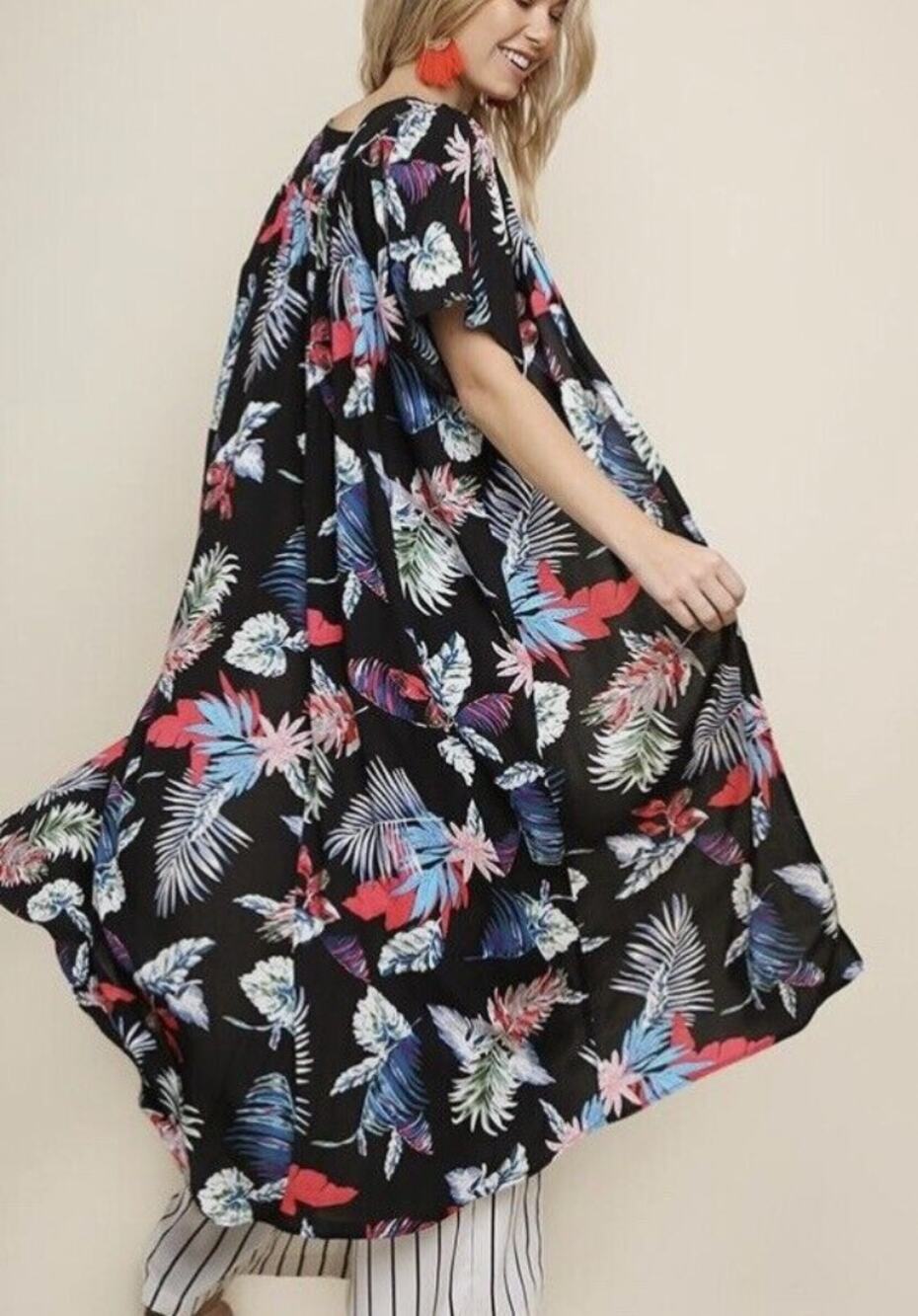 Umgee Kimono Long Cardigan Womens Large Black Duster Tropical Boho Hawaiian‎